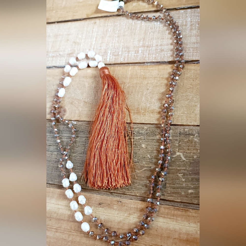 Zacasha Boho Faceted Crystal and Pearl Tassel Drop Necklace Burnt Orange Grey